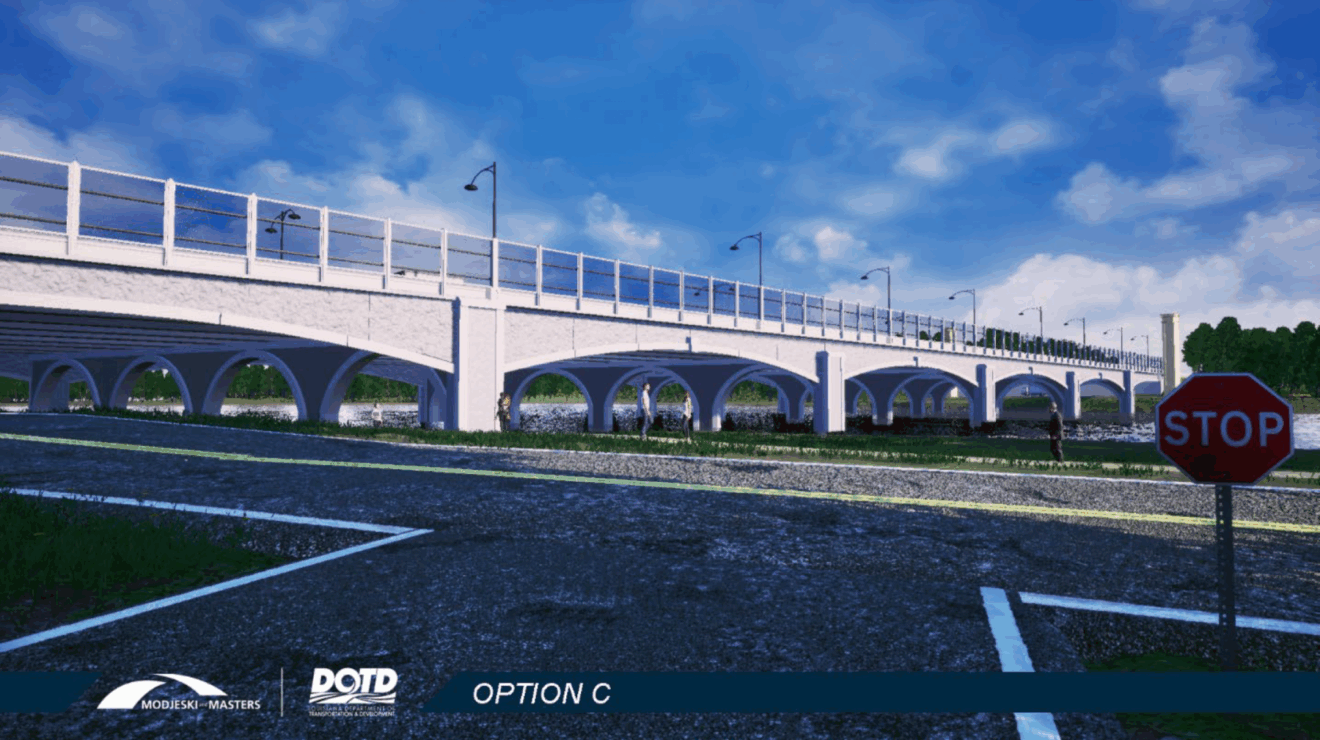 Artist's rendering of possible architecturally styled new bridge over City Park Lake.