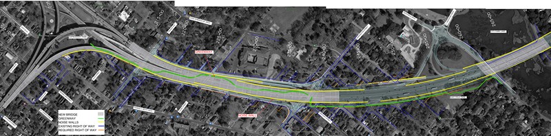 aerial photo map of I-10 corridor through Baton Rouge, western part