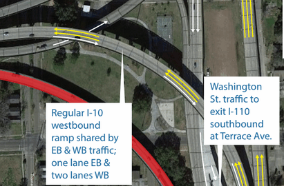 Detail aerial photo of I-10 at I-110 interchange showing utilization of lanes during reconstruction of I-10 eastbound