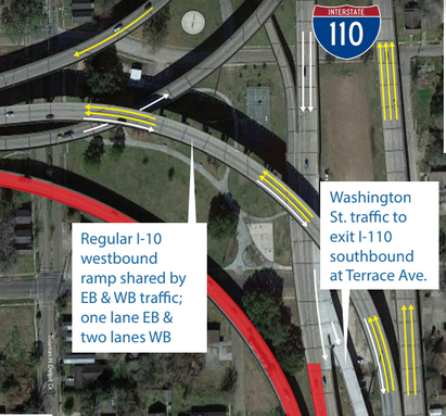 Detail aerial photo of I-10 at I-110 interchange showing utilization of lanes during reconstruction of I-10 eastbound