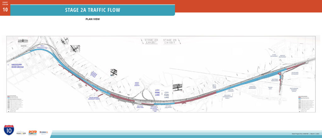 plan view of I-10 traffic and lanes available during construction Stage 2 of Segment 1