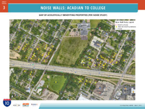map of locations of properties benefiting acoustically from proposed noise walls