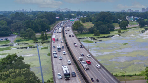 Birds-eye view of I-10 crossing City Park Lake in Baton Rouge