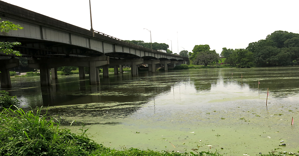 view of the north side of the I-10 bridge across City Park Lake in Baton Rouge before construction activity