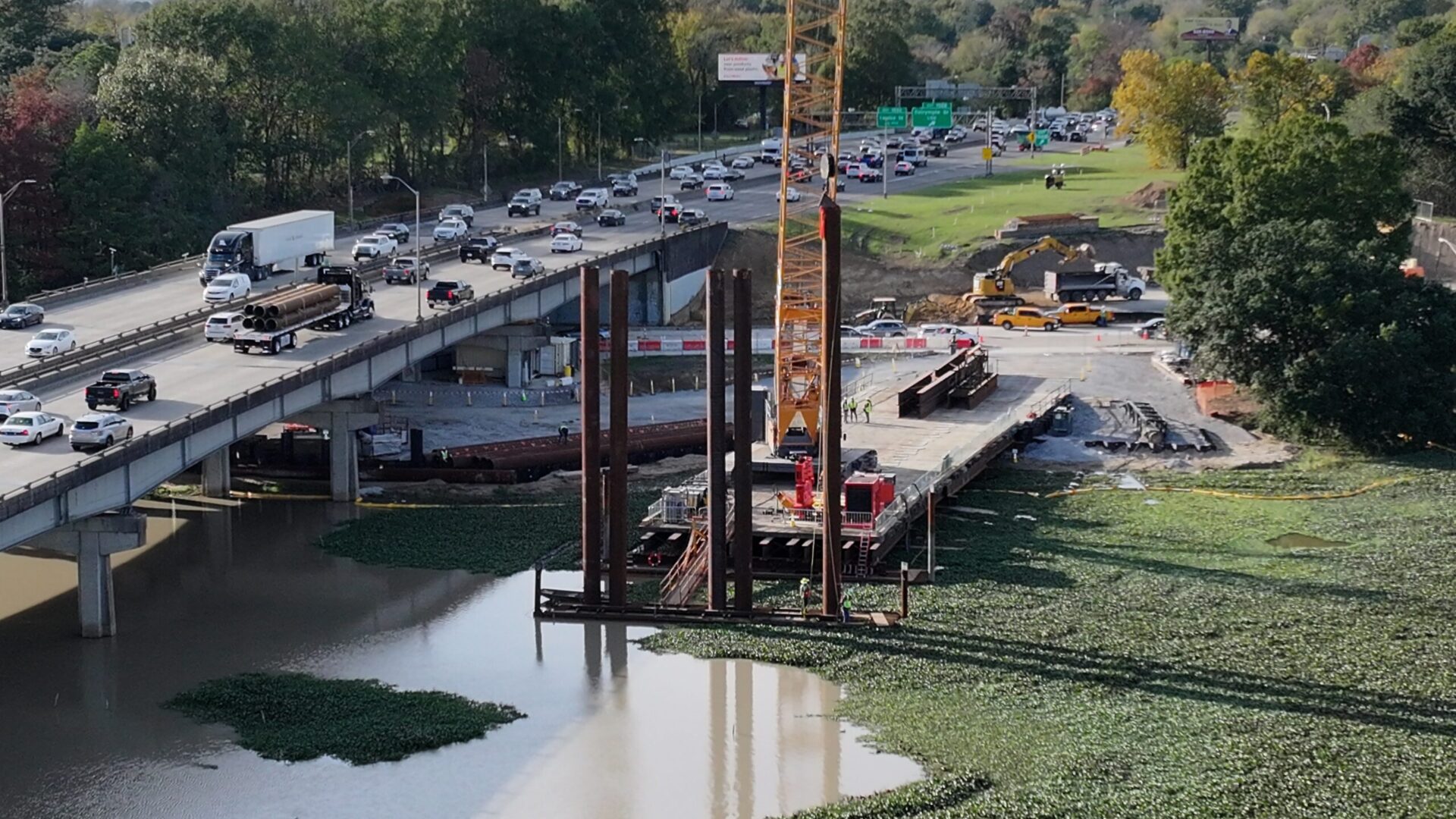drone view of interstate bridge construction over City Park Lake