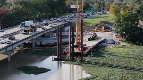 drone view of interstate bridge construction over City Park Lake