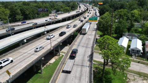 birds-eye view of I-10 eastbound joining I-110.