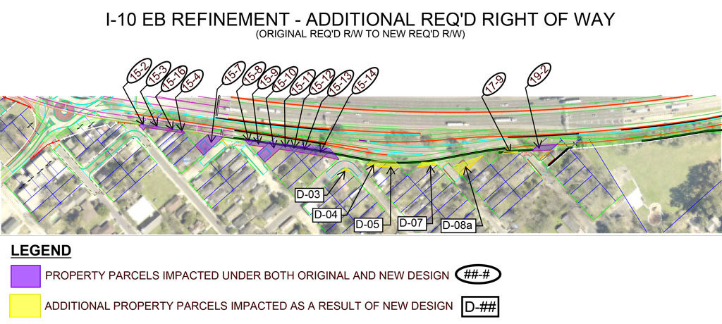 Map of required additional Right of Way along eastbound I-10 through Baton Rouge.