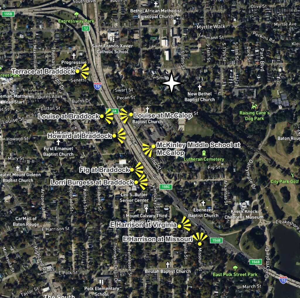 map of positions corresponding with artist's renderings below from which a person standing on a neighborhood street looking towards I-10 would view the future interstate.