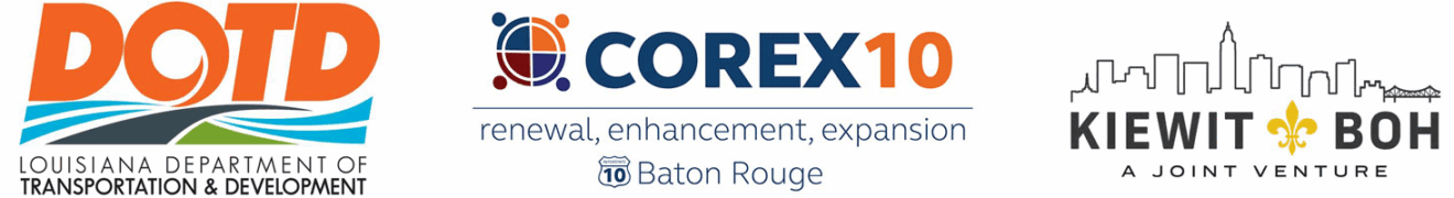 Three logos representing Louisiana DOTD, the COREX10 project design team, and Kiewit-Boh the contractor.