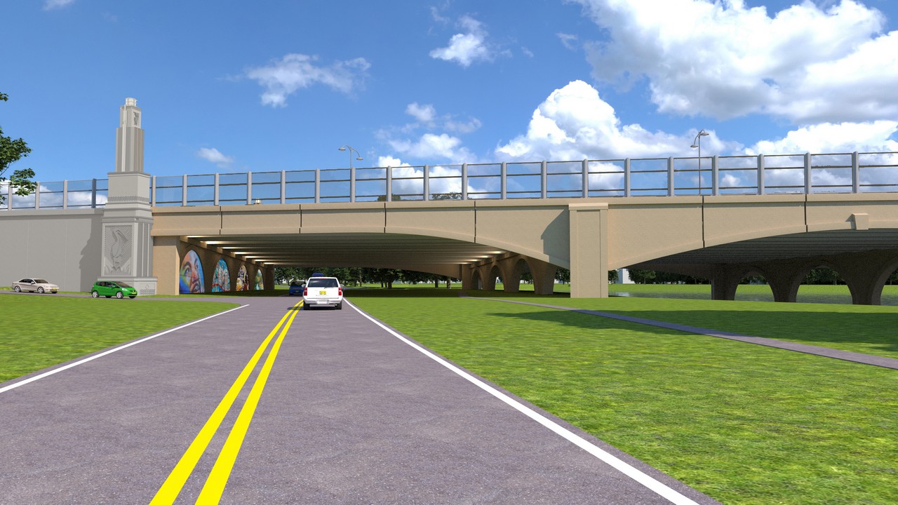 Artist rendering of new I-10 bridge over City Park Lake.
