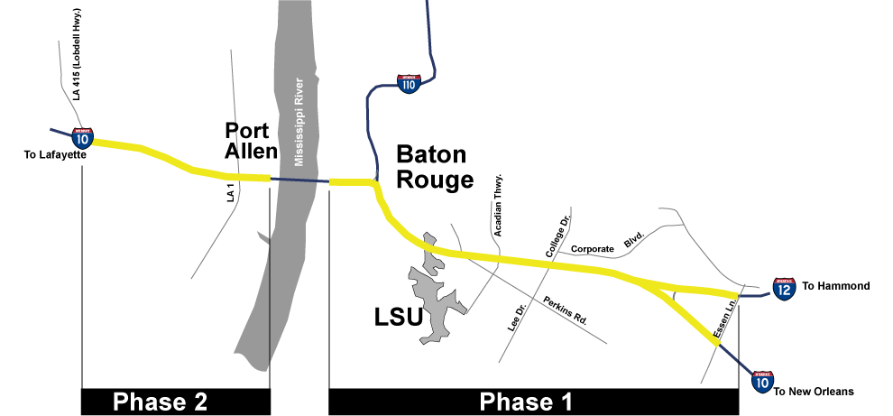 I-10 Widening project area map extending from LA 415 to the I-10 and I-12 split, omitting the Mississippi River Bridge.