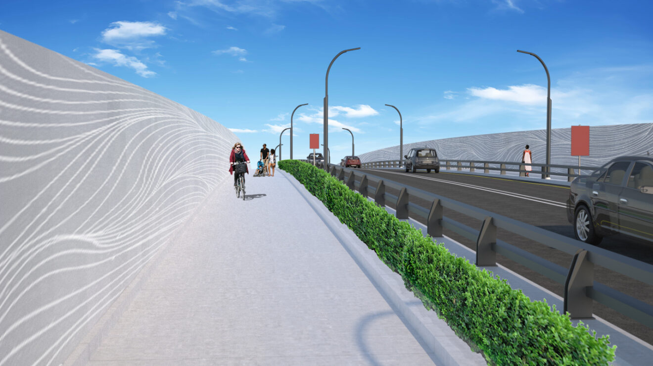 A preliminary artist's rendering of a new Nairn Drive bridge over I-10 emphasizing the presence of a bicycle and pedestrian path.
