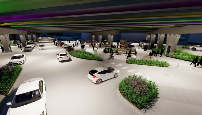 Artist's illustration of community enhancements beneath elevated I-10 at Perkins Road.