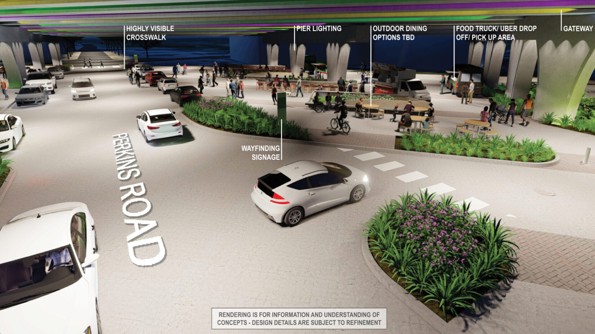 Artist's illustration of community enhancements beneath elevated I-10 at Perkins Road.