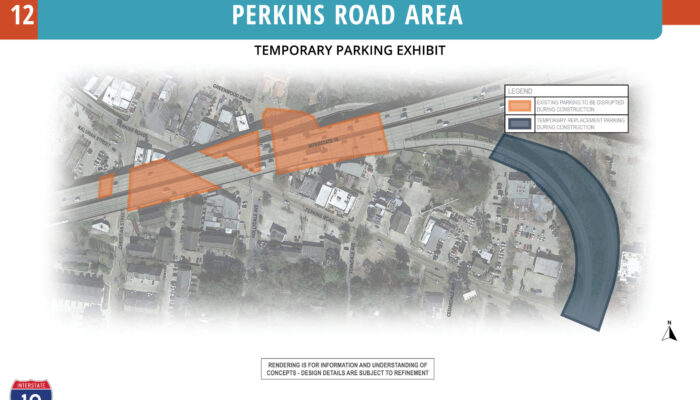 An exhibit for the Perkins Road area showing areas where existing parking beneath the interstate will be unavailable during construction, and indication of an area where replacement parking could be accommodated.