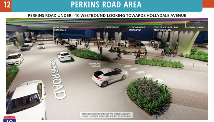 Artist's illustration of community enhancements beneath elevated I-10 at Perkins Road.