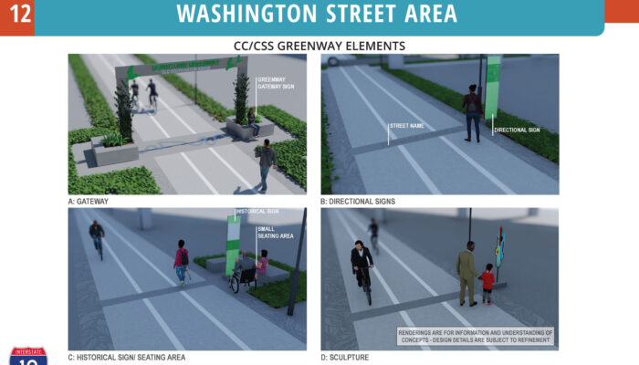 Artist's illustration of potential greenway design elements along and beneath elevated I-10.