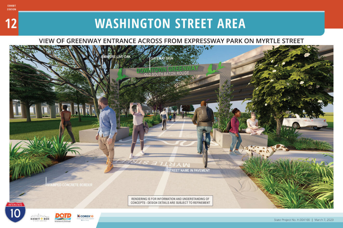 Artist's illustration of the proposed "Downtown Greenway" bicycle and pedestrian pathway included in the project.