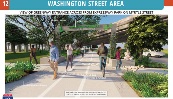Artist's illustration of a bike and pedestrian path along and beneath elevated I-10.