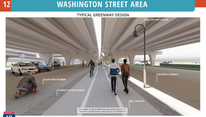 Artist's illustration of a bike and pedestrian path, night lighting, and decorative pavement beneath elevated I-10