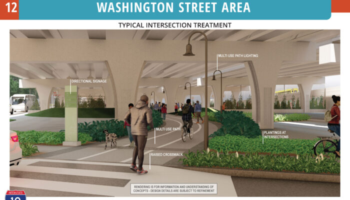 Artist's illustration of a bike and pedestrian path, landscaping, night lighting, and wayfinding signage beneath elevated I-10