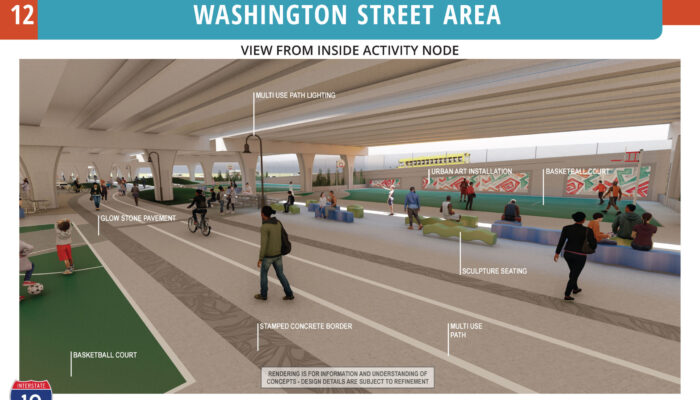 Artist's illustration of ball courts, bike path, and seating areas beneath I-10
