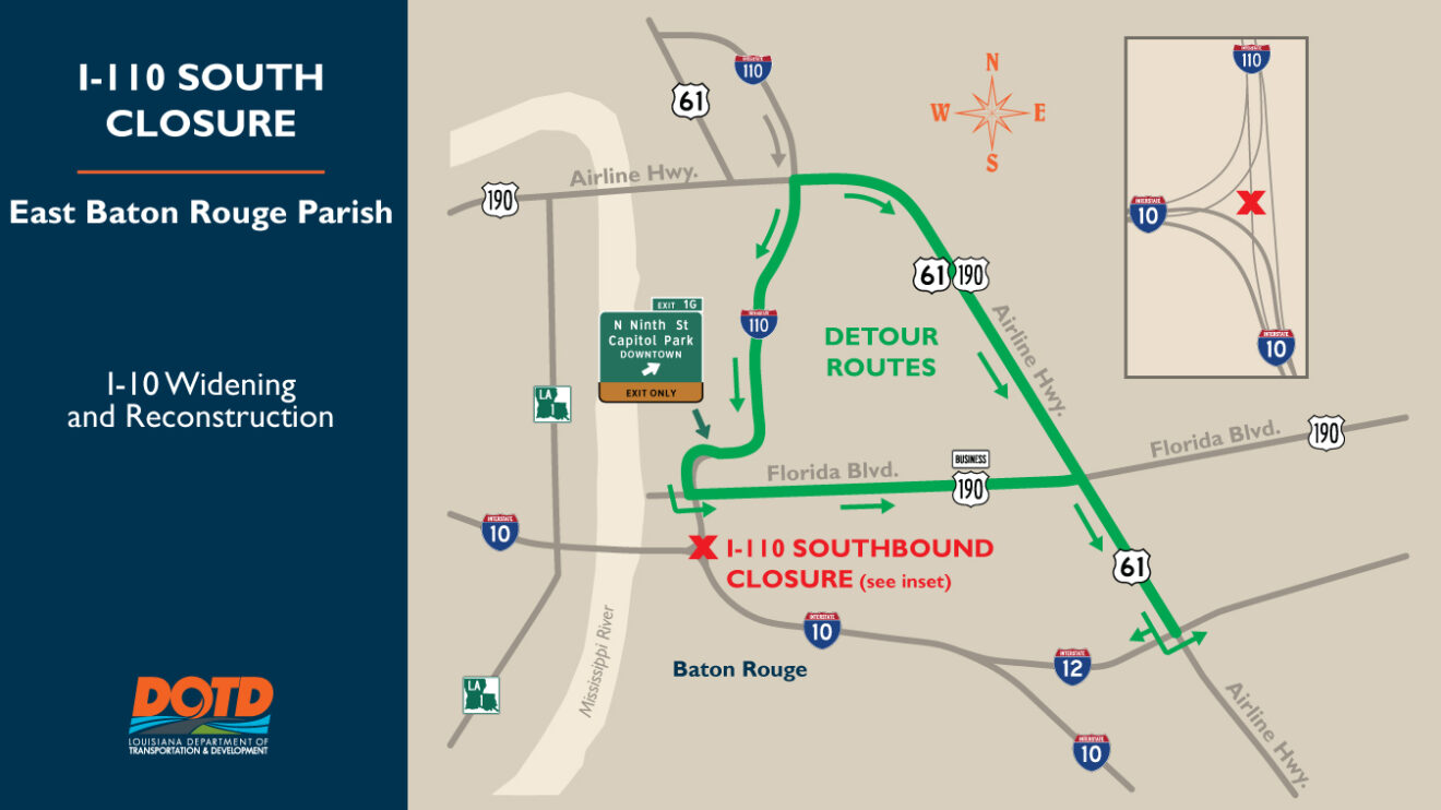 detour diagram for closure of I-110 southbound at I-10