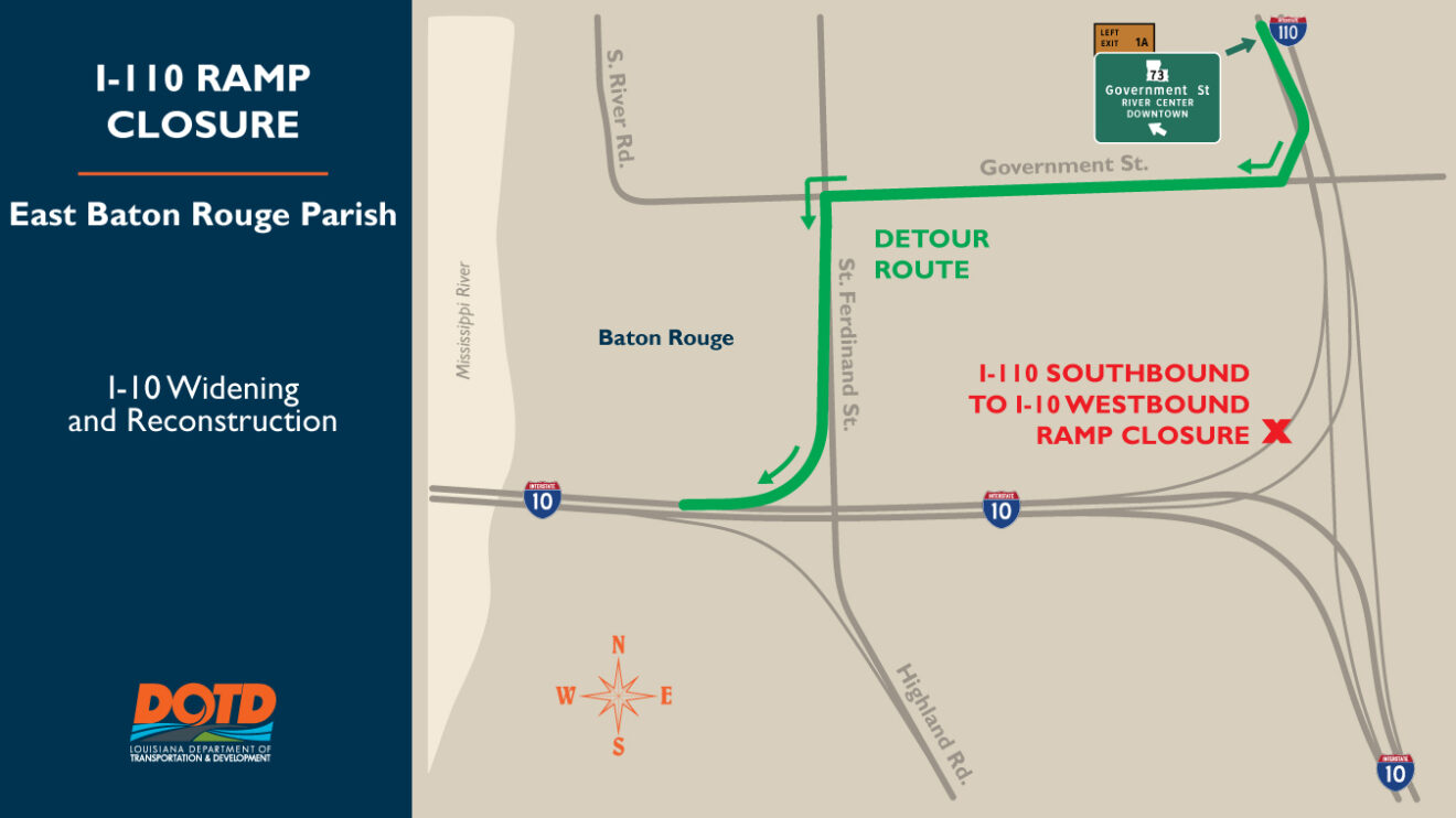 Government St. detour for closure of I-110 exit to I-10 west
