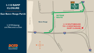 Detour diagram for I-110 SB to Government St. due to 110 south to 10 west ramp closure.