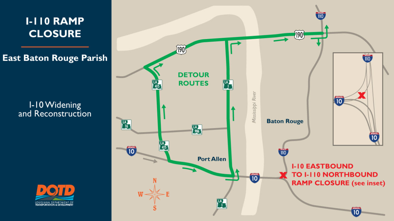 detour diagram for closure of I-10 eastbound to I-110 northbound