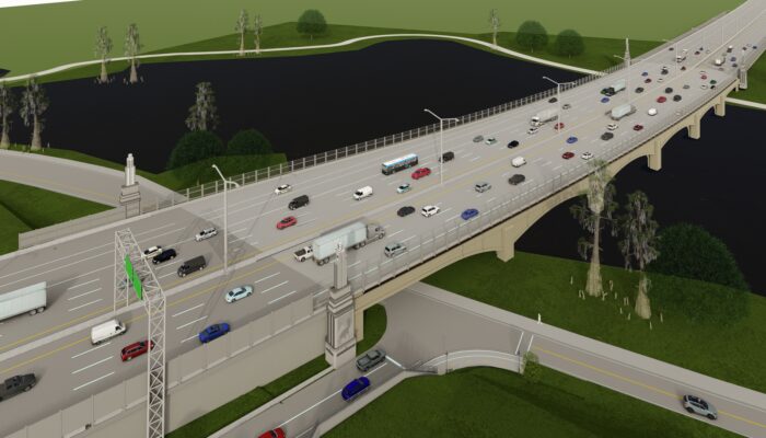 birds-eye view of I-10 bridge over City Park Lake and Dalrymple Dr.
