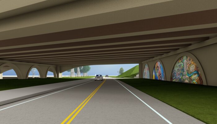view driving beneath I-10 City Park Lake bridge