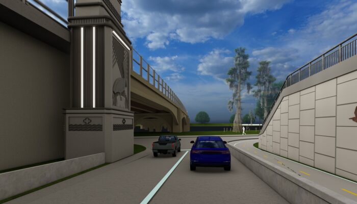 driver's view approaching Dalrymple Dr. from Braddock Extension exit from I-10 eastbound