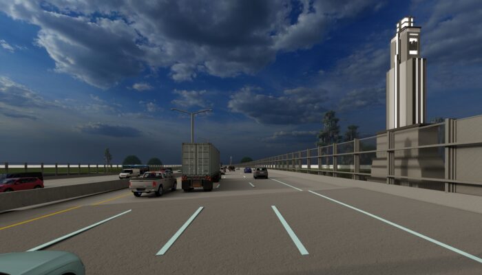 driver's view of City Park Lake bridge tower