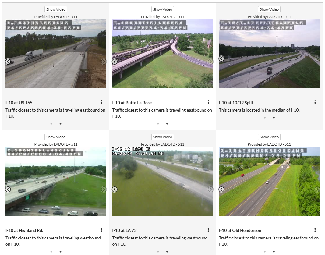 Louisiana DOTD's 511 service offers live traffic webcams monitoring interstates and state routes throughout Louisiana. Shown on this image are several views of I-10 in Baton Rouge.