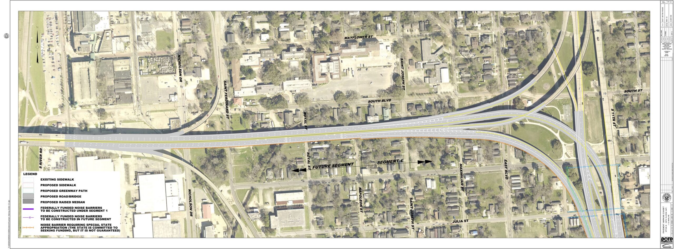 Sheet 1 plan extends from the Mississippi River levee eastward to the I-110 interchange on I-10.