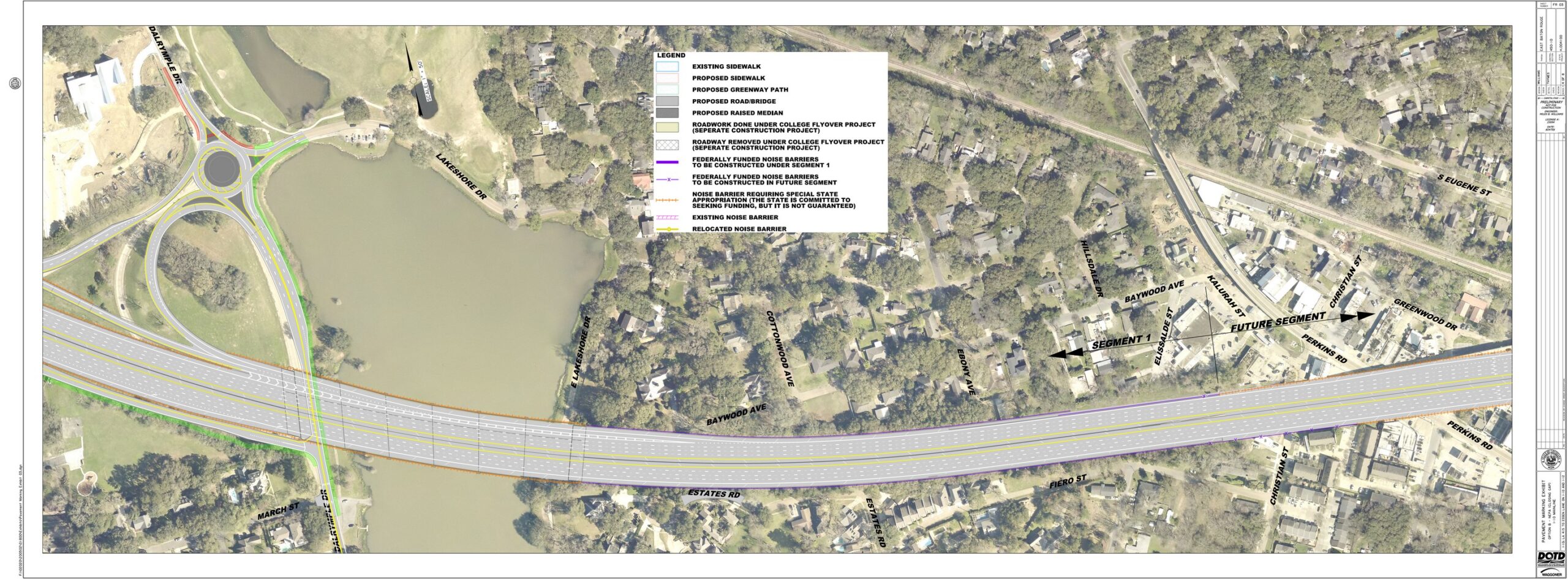 Sheet 3 depicts the I-10 corridor across City Park Lake. Dalrymple Dr. is the local street west of the lake and Perkins Road is on the right side of the image. I-10 will offer four through-lanes in both directions upon project completion.
