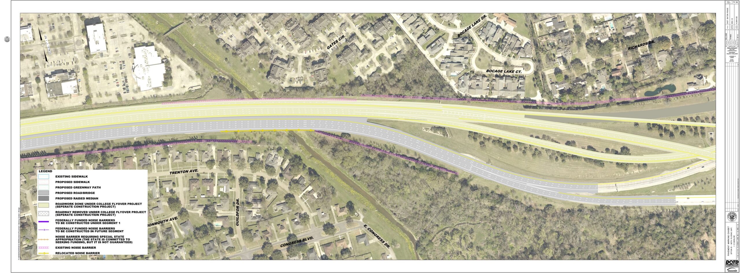 This exhibit shows the capacity improvement of an additional lane for eastbound I-10, proceeding with three lanes east on I-12 and also three lanes east on I-10 towards New Orleans.