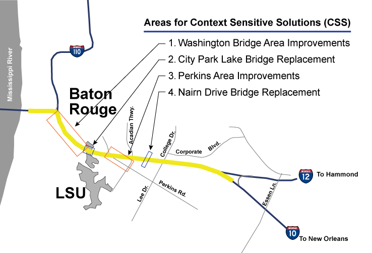A diagrammatic map of I-10 corridor through Baton Rouge showing 4 areas to receive context sensitive solution improvements