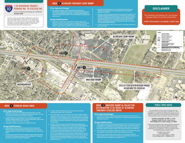 Interior of Fall 2026 mailer describing I-10 CMAR project changes between Perkins Road and College Drive.
