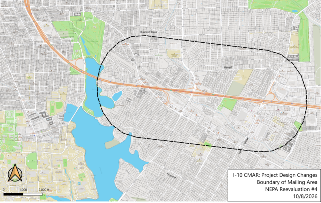 map showing half-mile area around I-10 from College Dr. to Perkins Rd.